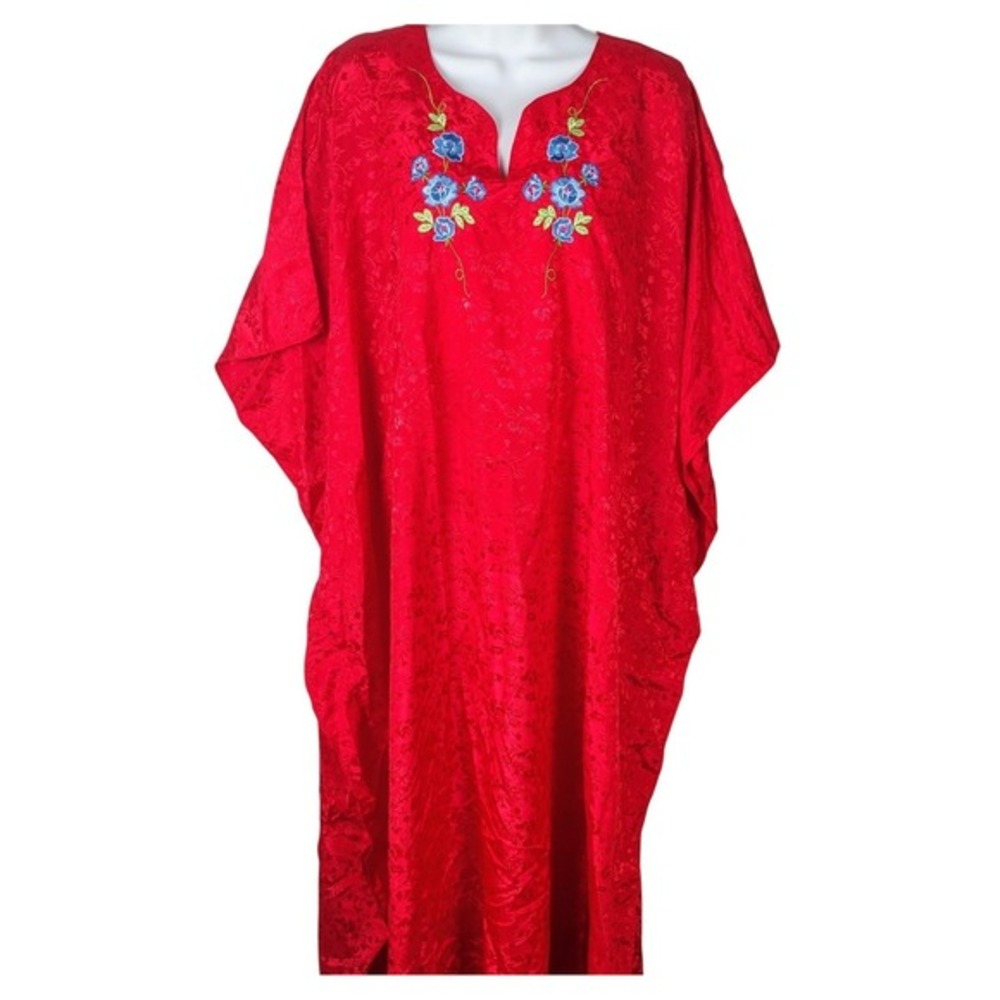 Simply Basic Red Floral Damask Kaftan Gown Blue‎ Embroidery vintage Loungewear